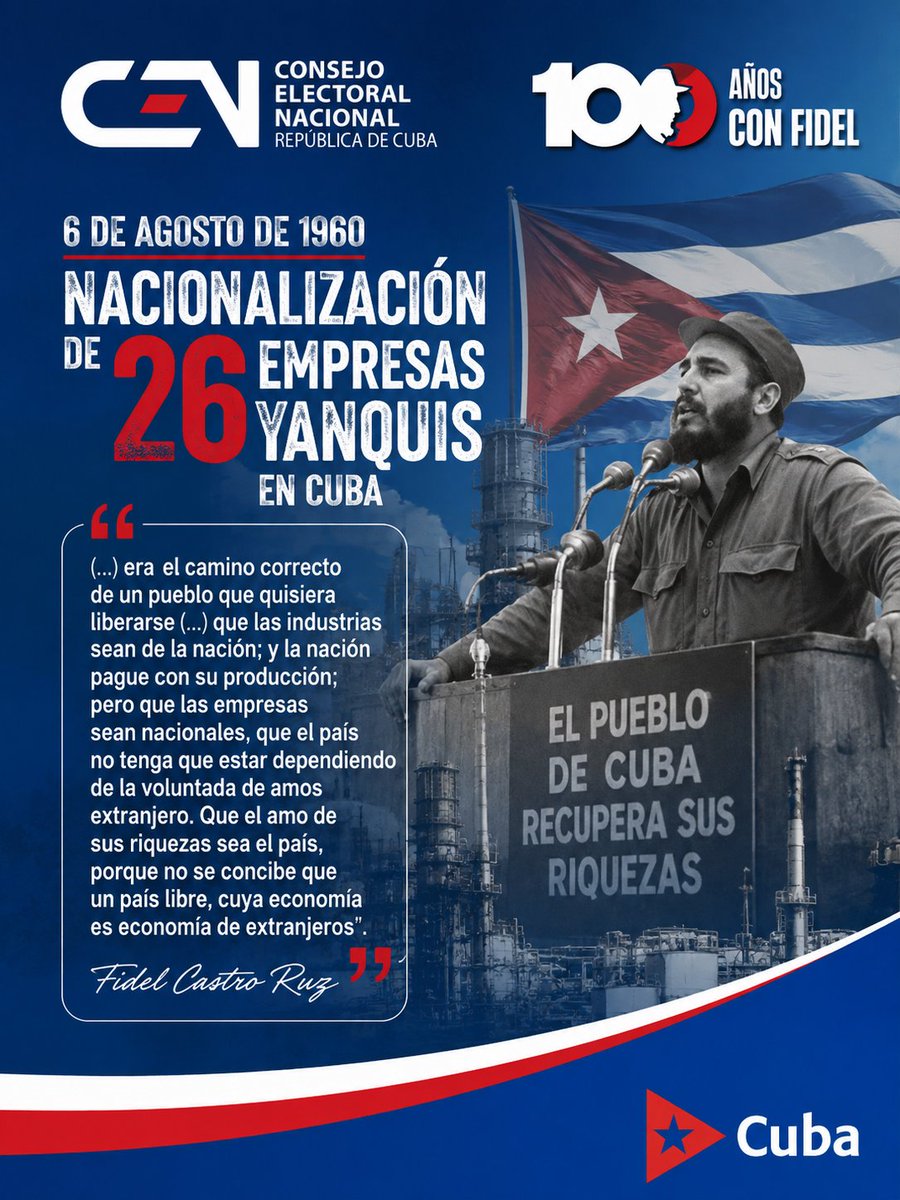 Elecciones_Cuba's tweet photo. #CubaViveEnSuHistoria 🇨🇺
La Revolución Cubana nacionalizó el 6 de agosto de 1960 en cumplimiento del Programa del Moncada 26 empresas extranjeras, entre ellas la Compañía de Electricidad, como parte de su plan de desarrollo económico en tránsito hacia su independencia económica🇨🇺 https://t.co/HYvRqGP3ou