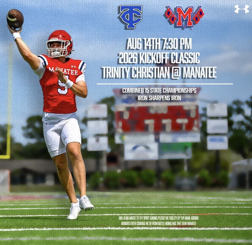 RecruitManatee's tweet photo. Manatee HS will now be taking on Trinity Christian out of Jacksonville on Aug 14th for the Kickoff Classic matchup. We are excited to host the Conquerors who have won 9 State Championships. 

Iron Sharpens Iron. 
#JustWork 

@FlaHSFootball @Prep_Gridiron @offsidepreps @FLgridironpreps @CenFLAPreps @Andy_Villamarzo @LawrenceBl83397 @HSFBamerica @football305407 @FHS7v7A @RojasTalksTampa @MatchupUSA