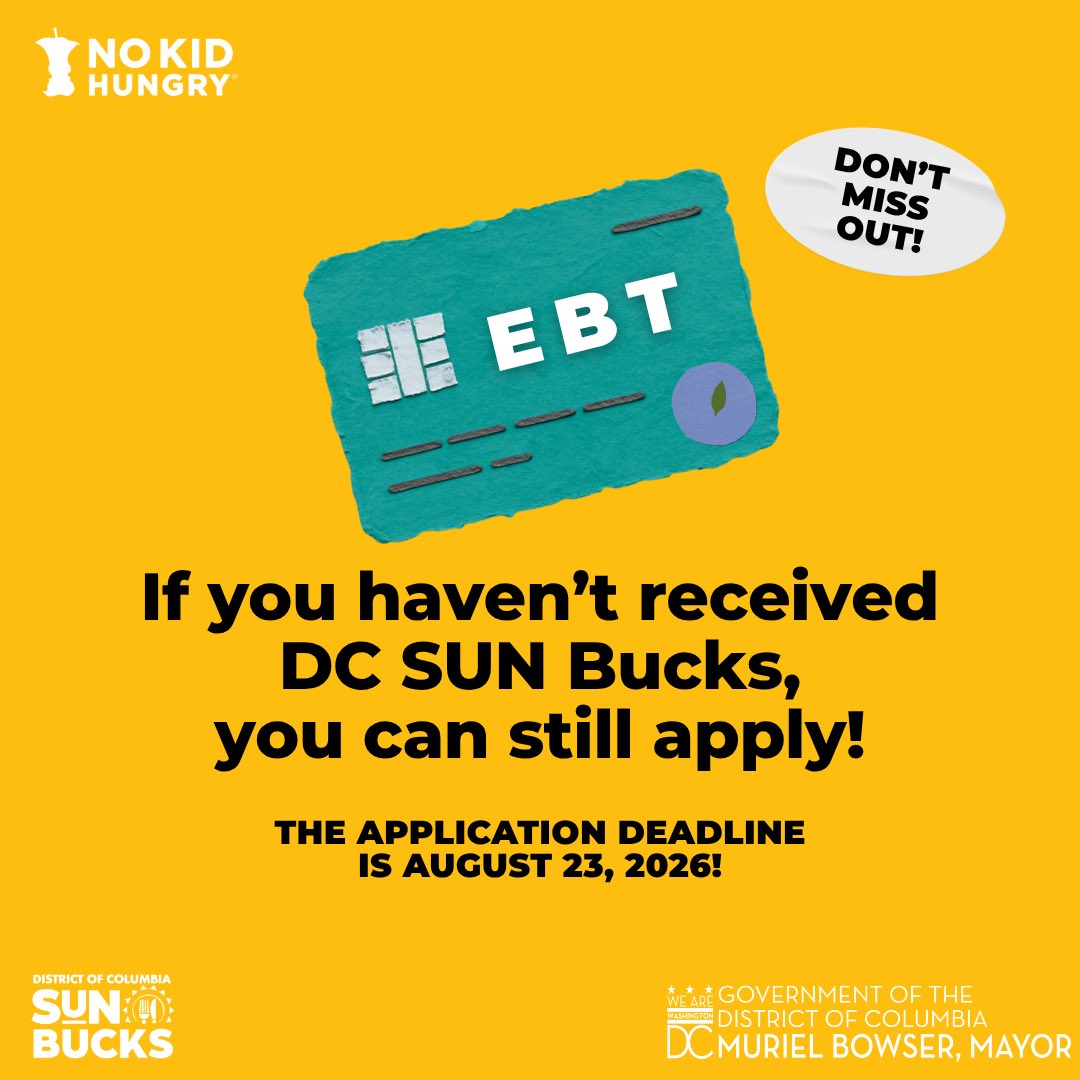 DCHumanServ's tweet photo. Don't miss out on DC SUN Bucks! 

Benefits are issued as a one-time payment of $120 per eligible student, and most benefits will arrive between June and August.  Find out if your student is eligible and how to apply at https://t.co/l2mCzpHteN https://t.co/GWSGUz9pOb