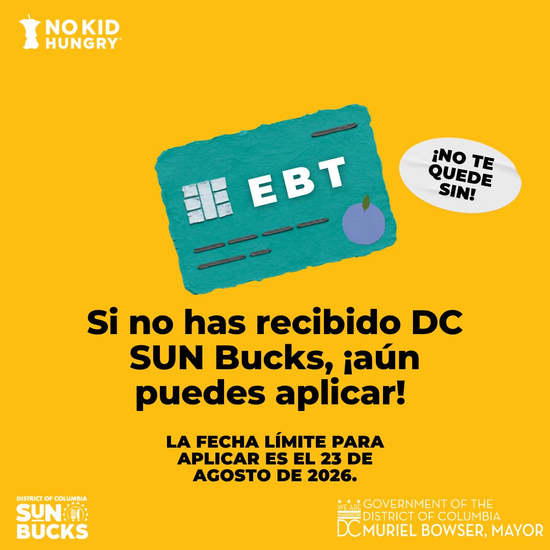 DCHumanServ's tweet photo. Don't miss out on DC SUN Bucks! 

Benefits are issued as a one-time payment of $120 per eligible student, and most benefits will arrive between June and August.  Find out if your student is eligible and how to apply at https://t.co/l2mCzpHteN https://t.co/GWSGUz9pOb