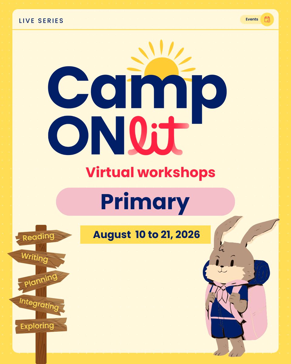 ONlit_social's tweet photo. Primary educators, Camp ONlit is for you!

Join us August 10 to 21 to explore writing instruction with Learning Through Literacy, practical planning ideas, and resources to help you start the year strong.

Register: https://t.co/8GrmXAfmEh https://t.co/kzWUNm67UX