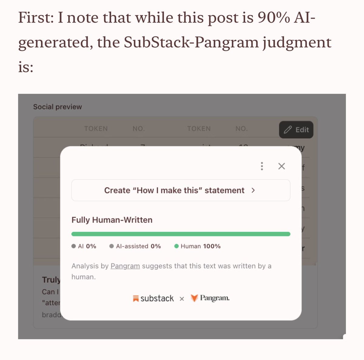 🤣 @delong ran a 90% AI-generated post past Pangram and this is what it said, with complete confiden...