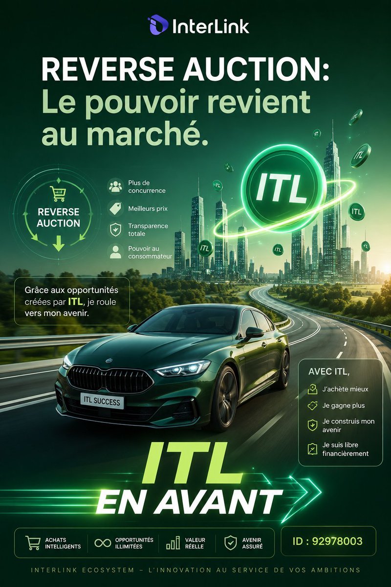 Interlinkclaude's tweet photo. Cette image d'InterLink promeut la Reverse Auction et le Token ITL comme des outils qui redonnent le pouvoir aux consommateurs, offrent de meilleures opportunités et permettent d'acheter mieux, gagner plus et atteindre la liberté financière.
#InterLink #ITLG #ITL https://t.co/N7RkN2cPuw