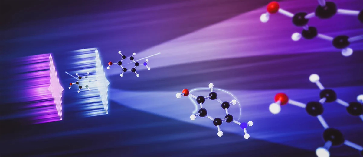 Abstract depiction of molecular structures in a dynamic, colorful setting. Molecules are illustrated with various colored spheres and sticks, connected together, against a vibrant background with blue and purple light effects. Credit: Greg Stewart/SLAC