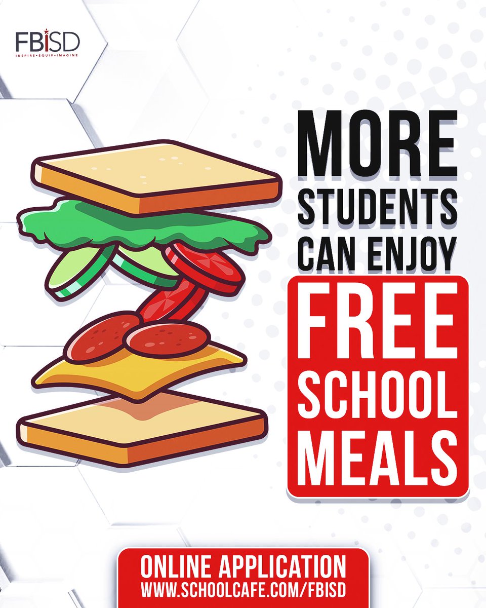 FortBendISD's tweet photo. The FBISD Free & Reduced-Price Meals application is now open!

Families are encouraged to apply online for the 2026-27 school year. Students who qualify may receive breakfast and lunch at little or no cost, and eligibility may also provide additional benefits for programs like Extended Learning, CTE and athletics. Only one application per household is needed.

Apply today: https://t.co/8FDsfthVNM