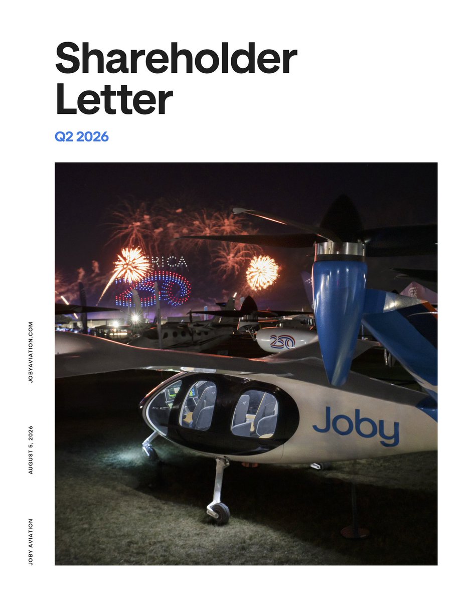 jobyaviation's tweet photo. Today, we published our Q2 2026 shareholder letter. The aircraft, the infrastructure, the operating experience and the customer demand are all coming together as we approach commercialization.

✈️ eIPP flights expected to begin in September. We intend to fly a week-long campaign of piloted, vertical takeoff and landing flights across the Dallas-Fort Worth area, laying the groundwork for future commercial operations. We continue to target carrying our first passengers in 2026.

📋 Strongest quarterly progress yet in the fifth and final stage of FAA type certification.

🏭 Five electric air taxis flying, including our first FAA-conforming aircraft, with 12 more in various stages of production.

🤝 A new joint venture with @Toyota builds on more than seven years of collaboration and lays the groundwork for high-volume commercial production.

🏙️ Our partnership with Atoms, founded by @TravisK, will develop and finance a network of transportation hubs serving air taxis and autonomous vehicles across our U.S. launch markets.

🚁 In Q2, @flybladenow delivered more than 50% year-over-year growth in seats flown and $36.2M in revenue.

💰 We ended the quarter with $2.3B in cash and short-term investments and raised our full-year revenue outlook to $115M to $125M .

Live webcast at 5:00 PM ET / 2:00 PM PT. 

Read the full shareholder letter ⬇️