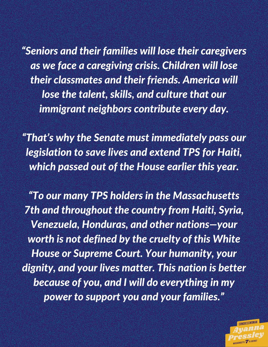 RepPressley's tweet photo. The termination of TPS for Haiti is devastating and cruel.

To our TPS holders in the #MA7 and beyond, your humanity, dignity, and lives matter. And I'll do everything in my power to support you and your families.

My full statement: https://t.co/4dGvcIXHA4