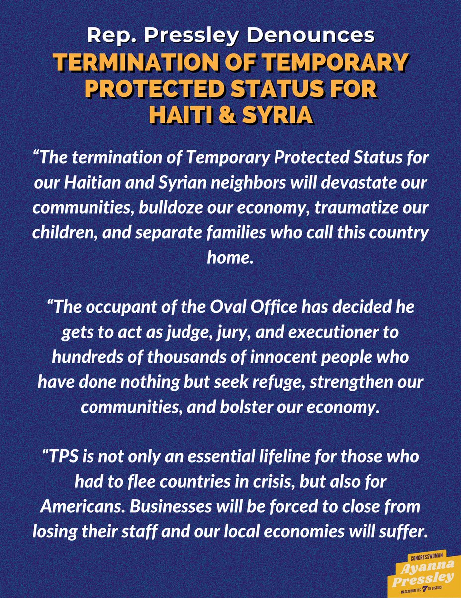 RepPressley's tweet photo. The termination of TPS for Haiti is devastating and cruel.

To our TPS holders in the #MA7 and beyond, your humanity, dignity, and lives matter. And I'll do everything in my power to support you and your families.

My full statement: https://t.co/4dGvcIXHA4