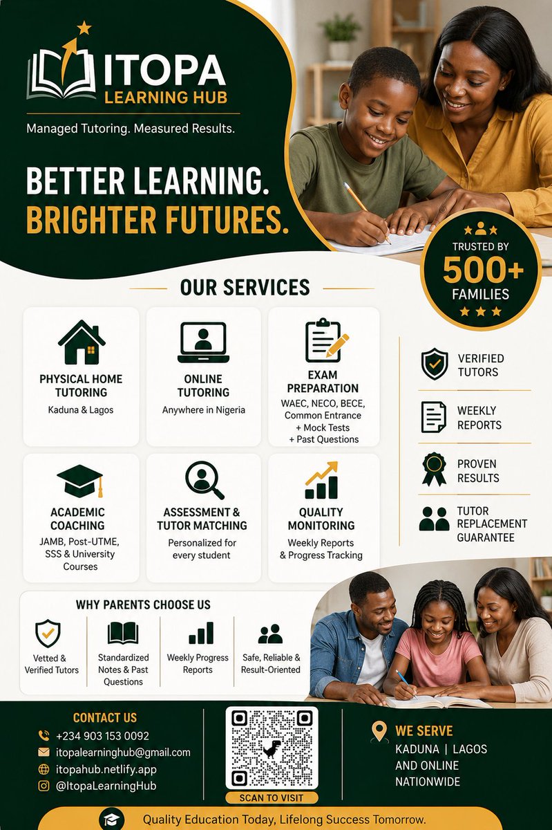 Itopalearnhub's tweet photo. 📚 Need a trusted tutor in Kaduna or online anywhere in Nigeria?
✅ Home Tutoring ✅ Online Lessons ✅ Verified Tutors
🌐 https://t.co/SdvP9LmBtB⁠�
#Education #Tutoring #Kaduna #Nigeria #WAEC #JAMB #Learning https://t.co/OEfBx5ZTn1