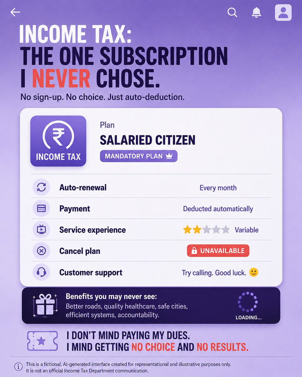 TaxedEnough_IN's tweet photo. Income Tax feels like the only subscription I never signed up for.

It renews automatically every month. Payment is deducted before I see my salary. But when I look for reliable healthcare, safe roads, efficient public services and transparent accountability, the experience feels painfully inconsistent.

I do not mind contributing to the country.

I mind having no choice, no pause button—and no clear report showing what my money achieved.

AI-generated fictional interface. Not an official government communication.

#AbolishIncomeTax #IncomeTax #SalariedClass #TaxpayerRights #GovernmentAccountability #PublicServices #TaxReform #MiddleClassIndia