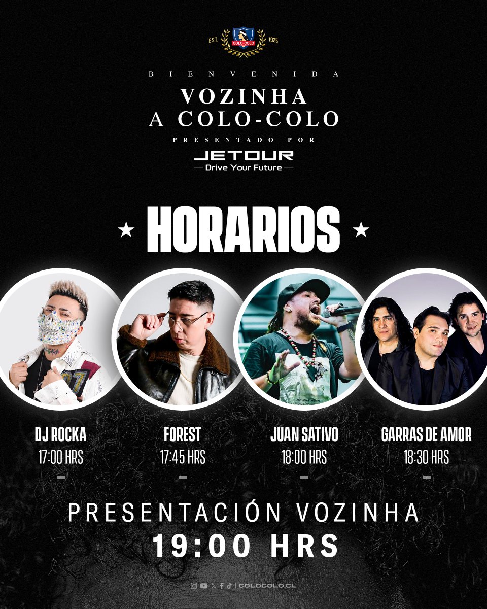 ColoColo's tweet photo. ¡HORARIOS PARA LA BIENVENIDA DE VOZINHA A COLO-COLO! ⏰⚪️⚫️ 

¡Llegó el momento! Ya están disponibles los horarios de la presentación oficial de Vozinha en el Estadio Monumental 🤟🏻

Revisa la programación y prepárate para darle la bienvenida a nuestro nuevo arquero en una jornada que viviremos junto al pueblo colocolino 🤍🖤