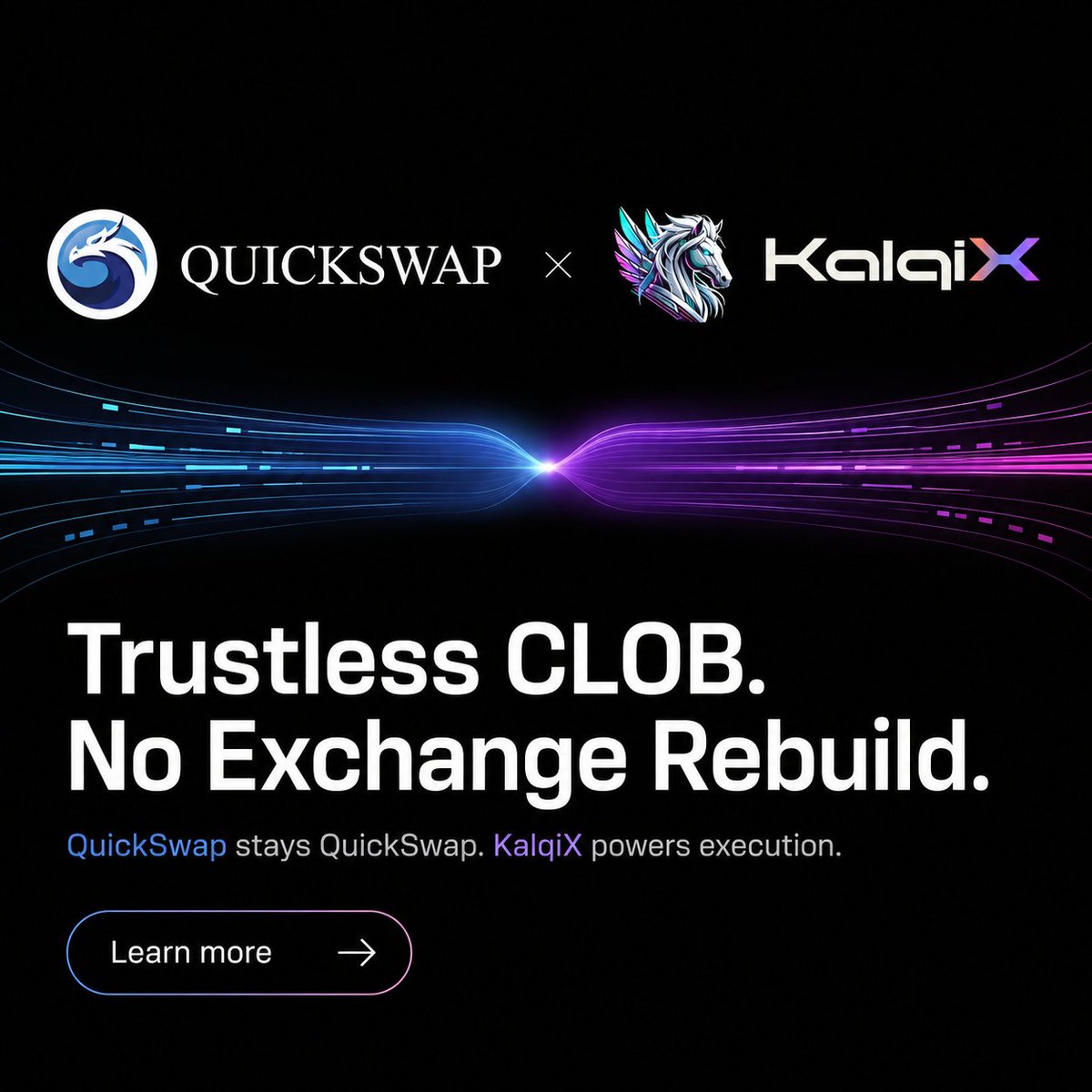 kalqix's tweet photo. QuickSwap added trustless CLOB execution without becoming an exchange.

QuickSwap stays QuickSwap. KalqiX powers the execution.
