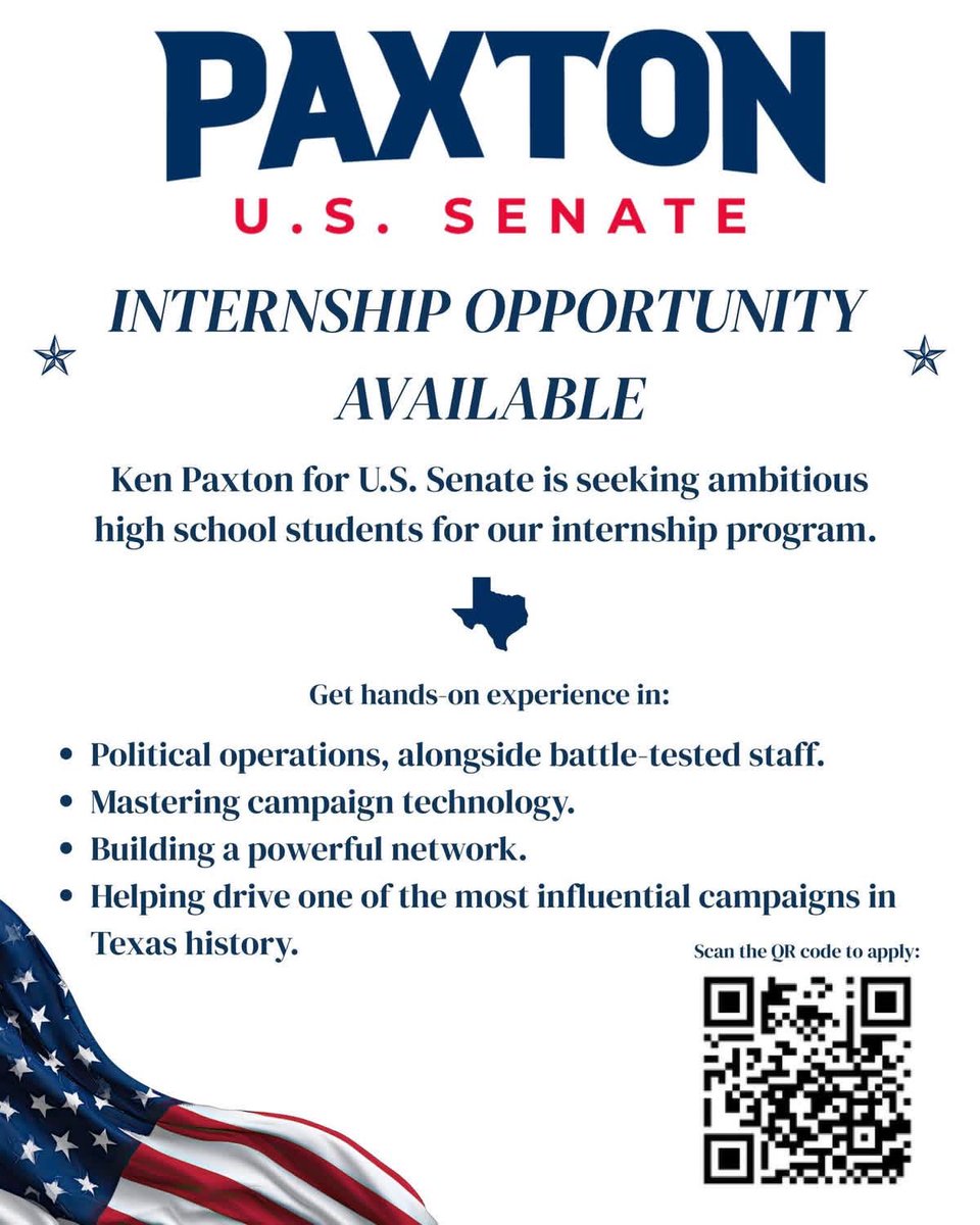 KenPaxtonTX's tweet photo. We're building a grassroots coalition that's going to shake up Texas politics and we want YOU to be part of it. One of the most consequential U.S. Senate campaigns this state has ever seen is happening right now, and history won't wait around. 

If you can spare a few hours, join us knocking doors, making calls, or helping distribute campaign signs in your area. It's a great way to meet your neighbors and put in real work for a campaign that matters.

And if you know a high school or college student who's looking for something real to put on their resume, tell them about our internship program. They'll work alongside experienced campaign staff, learn the ins and outs of political operations and campaign logistics, and build connections that can open doors for years to come.

We'd love to have you on the team.

📩 Email volunteer@kenpaxton.com
 📱 Or scan the QR code to sign up

Let's get to work folks.