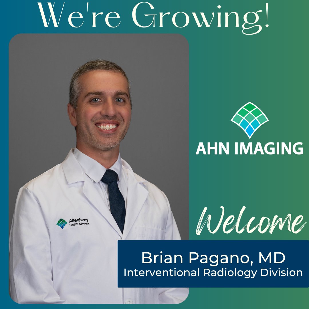 AHNImaging's tweet photo. Welcome Brian Pagano, MD, to AHN Imaging’s Interventional Radiology team!
Dr. Pagano brings extensive experience in interventional and diagnostic radiology, resident education, and clinical leadership. He joins us from MetroHealth Medical Center.
#AHNImaging @AHNToday @AHNRadRes https://t.co/IEjI2cwVWM