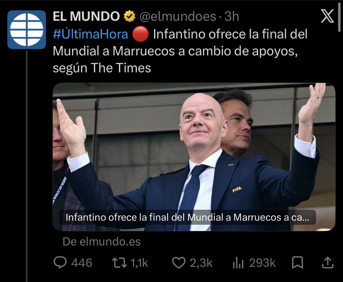 Alviseperez's tweet photo. Llevo años explicando los sobornos que se han cobrado para que Marruecos albergue la final del mundial en un estadio en construcción en Casablanca.

Hoy, Infantino ofrece la final a los marroquíes. https://t.co/O63KGVsE0R