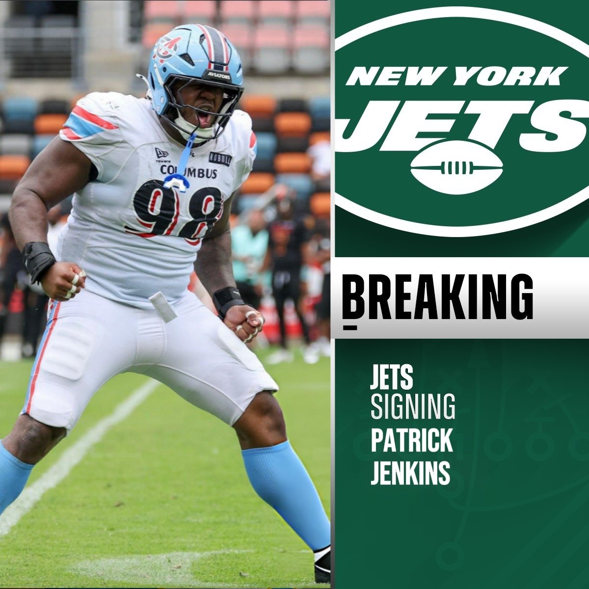 MIPanthersDude's tweet photo. Per @ZackBlatt, the New York Jets have signed Columbus Aviators DT Patrick Jenkins.

The Tulane star and previous trade acquisition from the DC Defenders logged 22 total tackles, 6 TFL and 1.5 sacks in his first UFL season.

Congratulations, @lah_pat94!

#LetsFly ✈️ https://t.co/djdCco7sEU