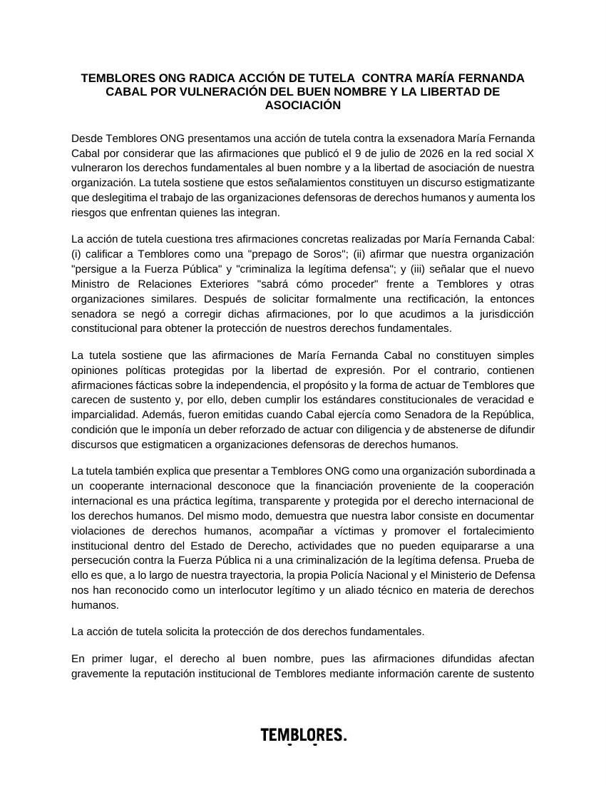 TembloresOng's tweet photo. Hoy radicamos una acción de tutela contra María Fernanda Cabal por vulnerar el buen nombre y la libertad de asociación de Temblores ONG. https://t.co/0i4bHUss3Q