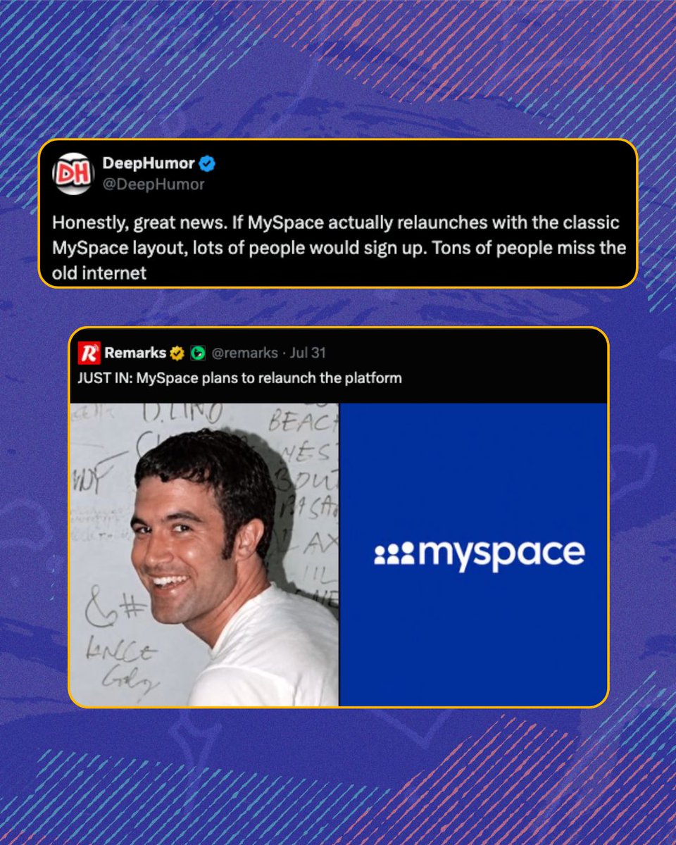 mashable's tweet photo. Millennials, rejoice! It looks like MySpace may be coming back to your computers. 

The platform, launched in 2003 by co-founders Tom Anderson and Chris DeWolfe, quickly became one of the internet’s largest social networks. In July 2006, Myspace was the most-visited website in the United States, placing it ahead of Google and eBay.

Its appeal was more chaotic than the uniform profiles that came later. Users could customize their pages with HTML and CSS, change their backgrounds and fonts, embed glittering graphics, and choose a song that played automatically for every visitor.

Chris and Tim Vanderhook, whose company acquired Myspace in 2011, say they plan to relaunch the once-dominant social media platform. "We still own Myspace," Tim Vanderhook said. "We are going to relaunch Myspace. We’re just waiting for the right time to do it."

Before you start choosing a profile song, there are still plenty of unanswered questions. The owners have not announced a launch date, development timeline, or which classic Myspace features might return. For now, the comeback is closer to a promise than a product. But a promise nonetheless.