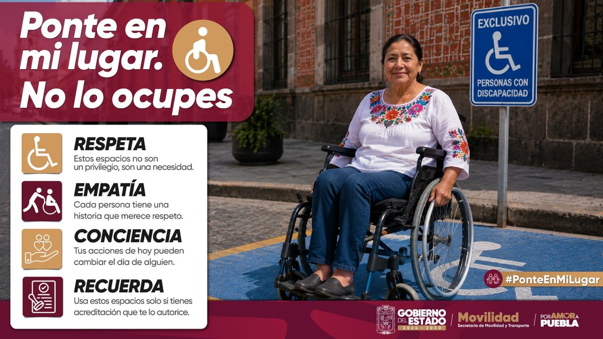 MTGobPue's tweet photo. Los espacios exclusivos para personas con discapacidad no son un privilegio, son una necesidad.♿️ Ocuparlos sin autorización afecta directamente la movilidad y calidad de vida de quienes realmente los requieren. Respetarlos es una muestra de empatía, conciencia y responsabilidad social.🙌🤝

El @Gob_Puebla, encabezado por el gobernador @armentapuebla_, refuerza acciones para garantizar el respeto a los espacios destinados a personas con discapacidad y una movilidad más justa.

#PorAmorAPuebla #PonteEnMiLugar