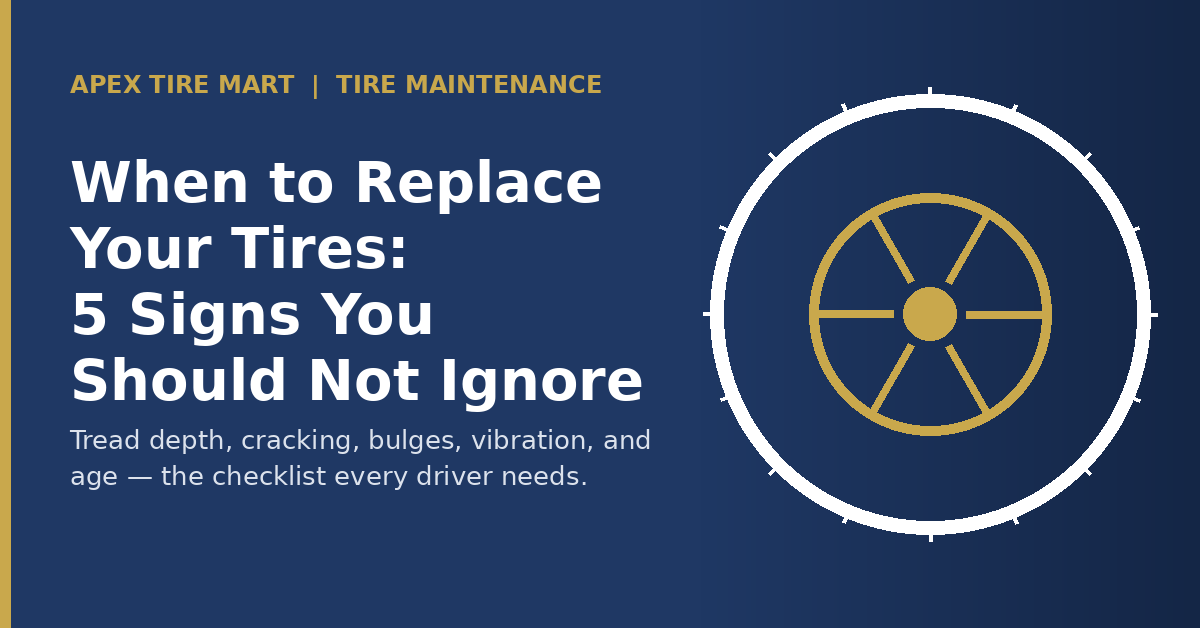 apextiremart's tweet photo. Most tire failures don't happen without warning. The problem is most drivers don't know what to look for. 🚗

Here are the 5 signs it's time for new tires:
✅ Tread depth at 2/32" (do the penny test)
✅ Cracking or dry rot on the sidewall
✅ Any bulge or blister
✅ Vibration or uneven wear
✅ Tire is 6+ years old

We broke down exactly how to check each one in under 5 minutes 👇
https://t.co/cCM90Pc53k

Free shipping and a 30-day return policy when you're ready to shop new tires.

#TireSafety #TireMaintenance #ApexTireMart #CarCare