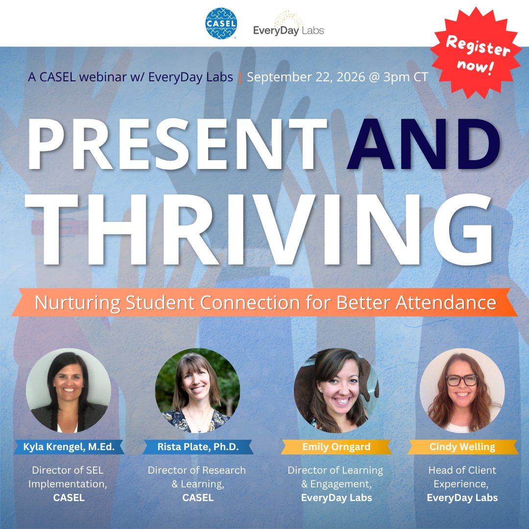 caselorg's tweet photo. We're excited to share that CASEL and EveryDay Labs will be presenting a FREE webinar on Tuesday, September 22nd, from 4–5 PM ET. This webinar will explore two topics that we discuss frequently, belonging and absenteeism. During this hour together, we'll explore the undeniable link between student sense of belonging and consistent school attendance.

We'll be sharing the latest research that shows how a holistic approach to student connection — one that draws on relationships, community building, and engagement — can directly support your efforts to improve chronic absenteeism.

Learn more & register using the link below and we can't wait to see you on the 22nd!
https://t.co/5p9o8Yqk9r