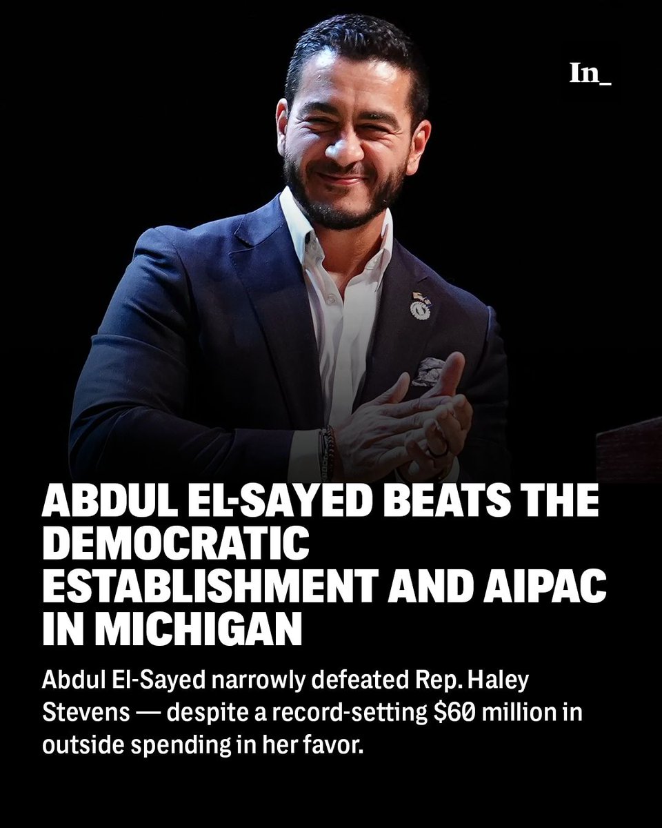 theintercept's tweet photo. Through its super PAC, the United Democracy Project, AIPAC broke its own single-race spending record by funding $30 million in attack ads against El-Sayed. Ads that dominated airwaves, flooded streaming services, and stuffed mailboxes in the final month of the race misrepresented El-Sayed’s previous comments about Michelle Obama and Michigan Gov. Gretchen Whitmer to allege misogyny, and attempted to paint El-Sayed as a terrorist sympathizer. 

Read more: https://t.co/62zIp1MIO9