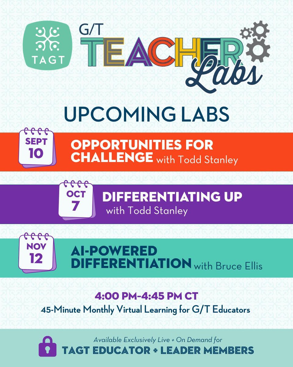 TXGifted's tweet photo. G/T Teacher Labs return with interactive sessions focused on challenge, differentiation, and practical uses of AI. Available only to TAGT Educator and Leader Members, you leave the sessions with ideas you can use with your G/T learners. Register: https://t.co/Owj4dccs05 https://t.co/7eLdFcTXa8