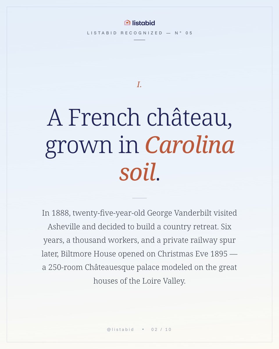 listabidre's tweet photo. America's largest home. In 1888, 25-year-old George Vanderbilt visited Asheville and decided to build "a country retreat"

Listabid Recognized N° 05 · America's Finest Homes.

Every finest home deserves agents who compete for it. Post your home free at https://t.co/6ogJTmwWbs https://t.co/8WyJSX2O1D