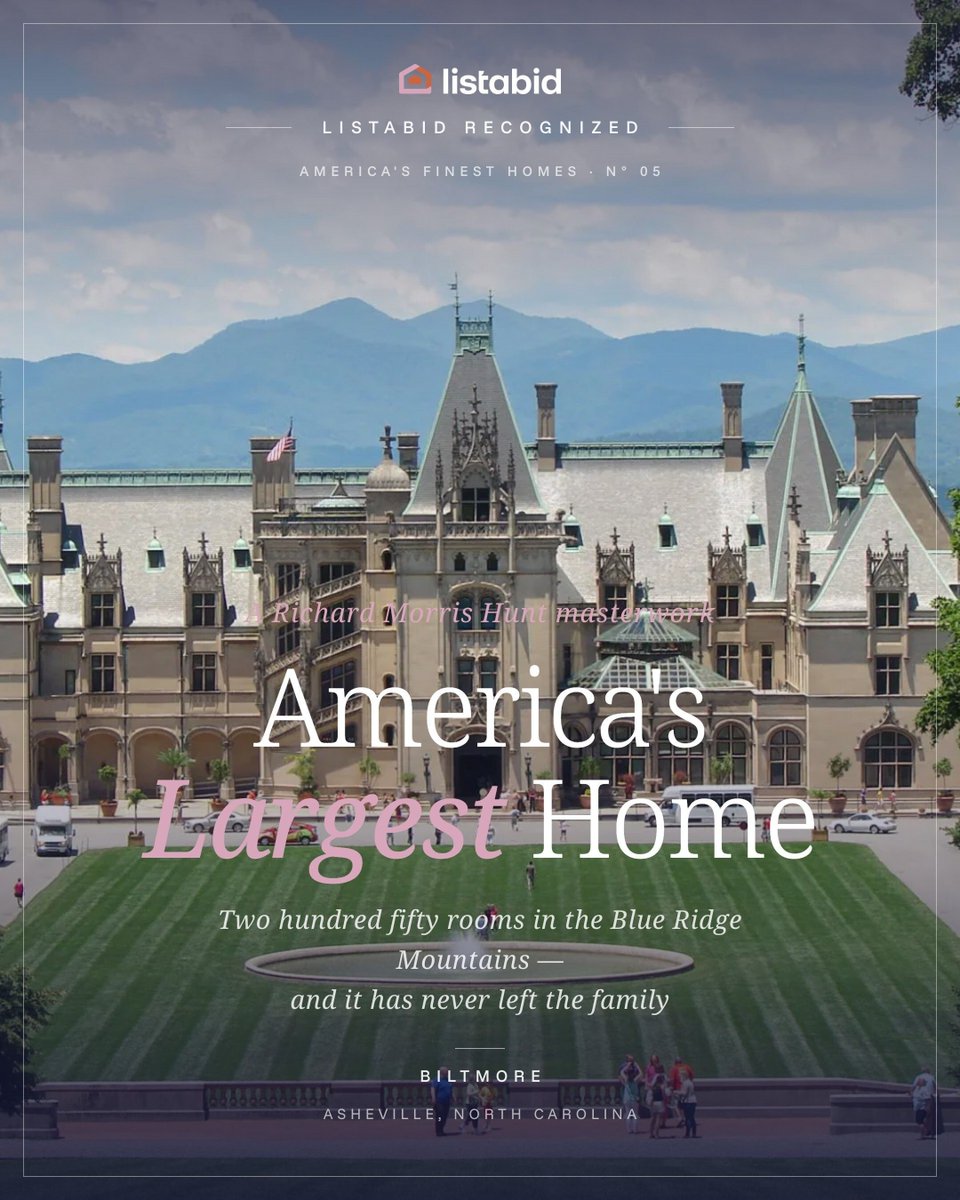 listabidre's tweet photo. America's largest home. In 1888, 25-year-old George Vanderbilt visited Asheville and decided to build "a country retreat"

Listabid Recognized N° 05 · America's Finest Homes.

Every finest home deserves agents who compete for it. Post your home free at https://t.co/6ogJTmwWbs https://t.co/8WyJSX2O1D
