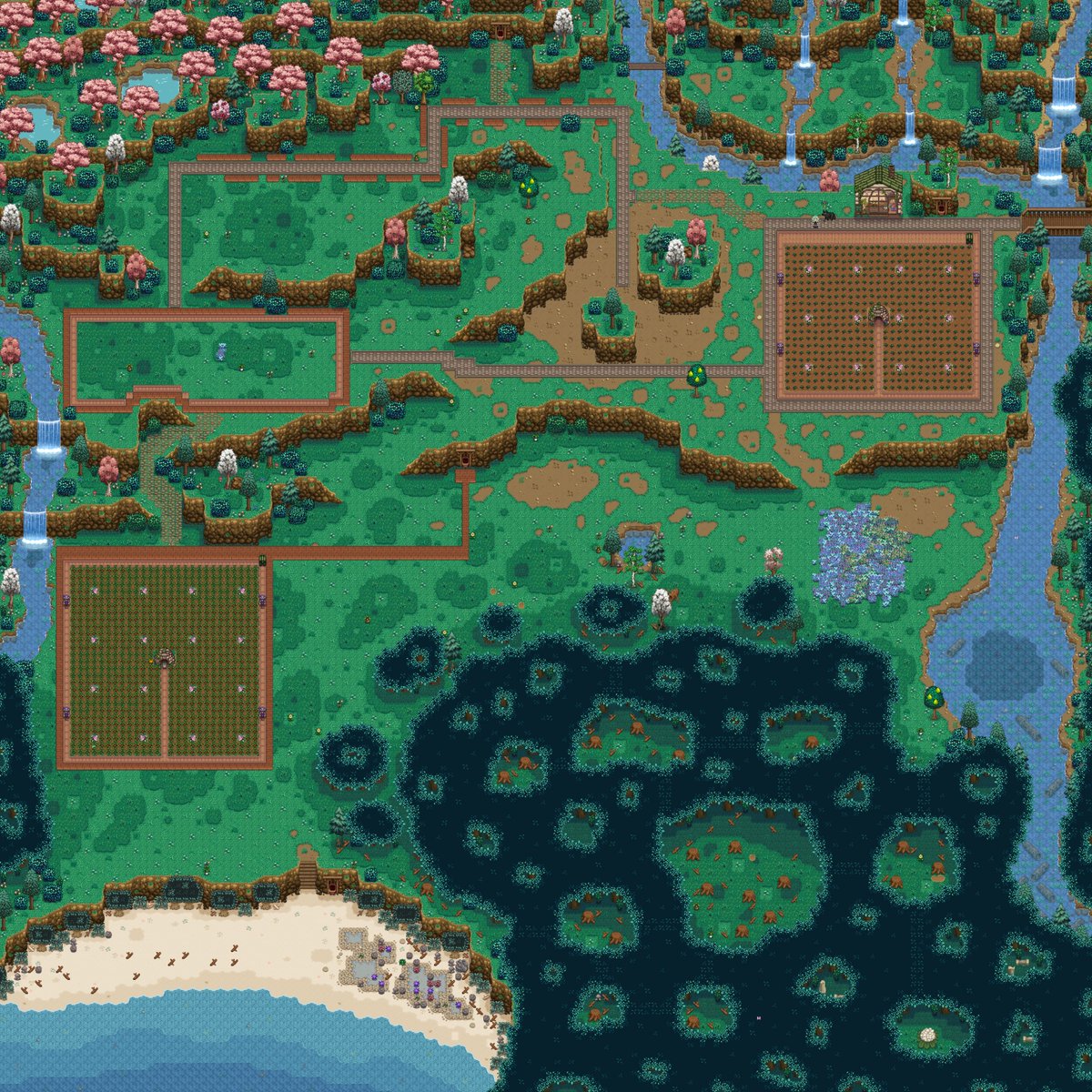 PastelArciel's tweet photo. main farm, farm unlocked after clearing the ridgeside ridge questline, farm north of east scarp, and the area unlocked to the west of your farm that camilla unlocks eventually. any time you see a shed its full of either fermenters or casks https://t.co/rZxFRYUAEb