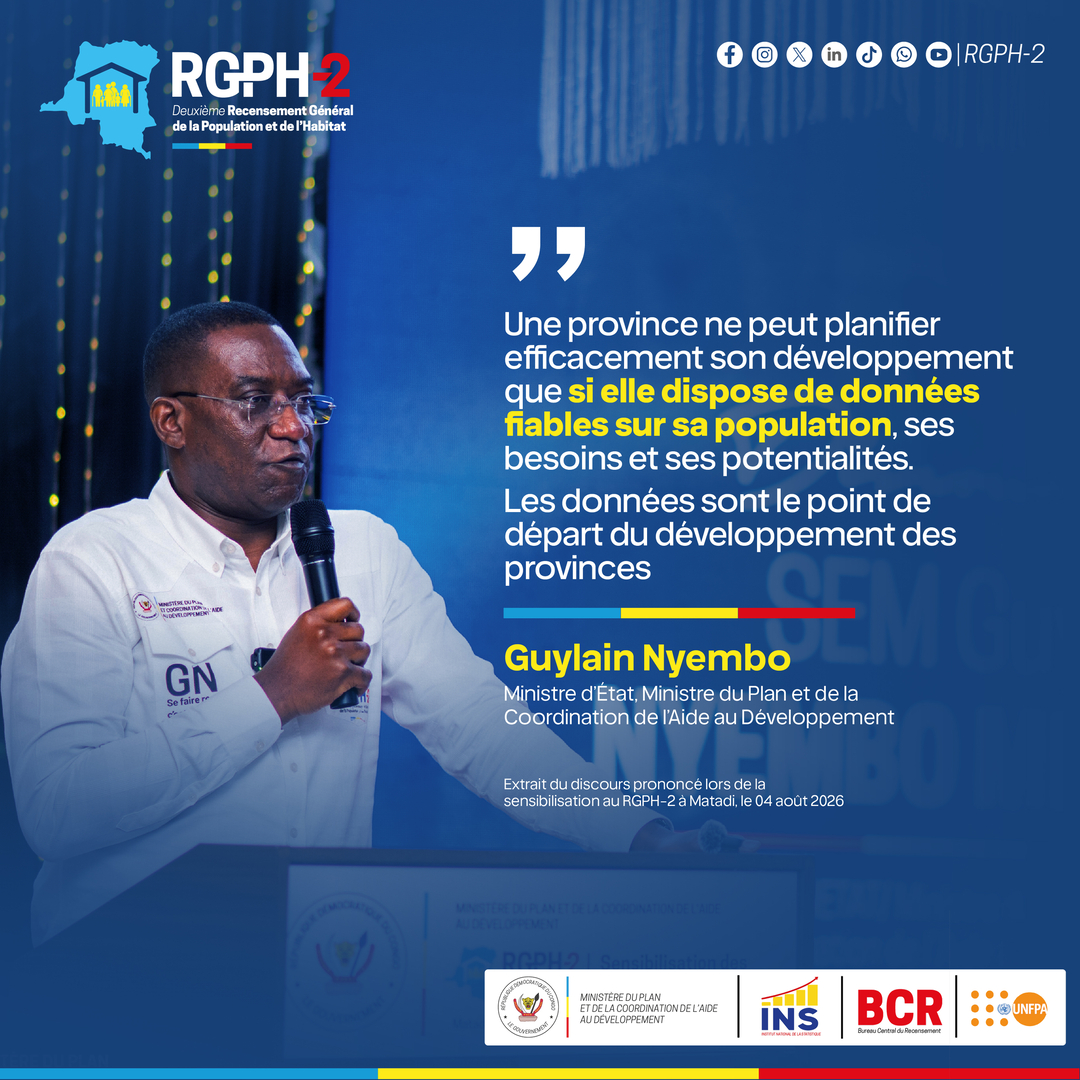 rgph2rdc's tweet photo. Mieux connaître la population, ses besoins et ses potentialités
permet de mieux planifier le développement des provinces.
À Matadi, e Ministre d'Etat, Ministre du Plan et de la Coordination de l'Aide au Dévelopement @guylainnyembo_ mobilise les autorités et les forces
vives autour du #RGPH2.

@PlanRdc @INS_RDC @UNFPARDC
@guylainnyembo_ @GraceBilolo @UNFPARDC

#CapVersLeRGPH2 #TournéeNationale #Statistiques
#Développement #RDC
