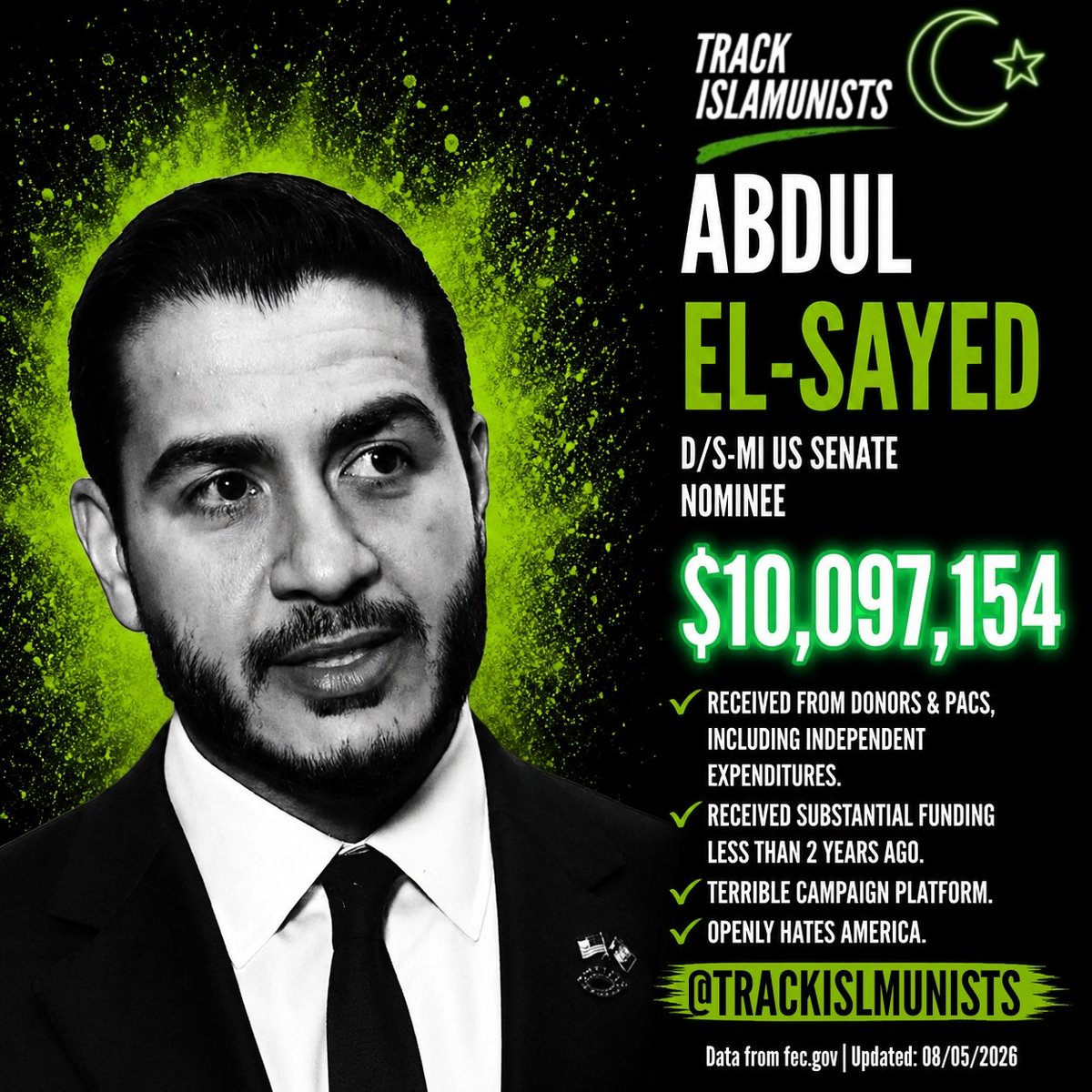 TrackIslmunists's tweet photo. "Money out of politics", says Abdul El-Sayed who has received $10 Million from wewthly Islamist donors &amp; PACS. Hypocrite. https://t.co/h5EeVidueK