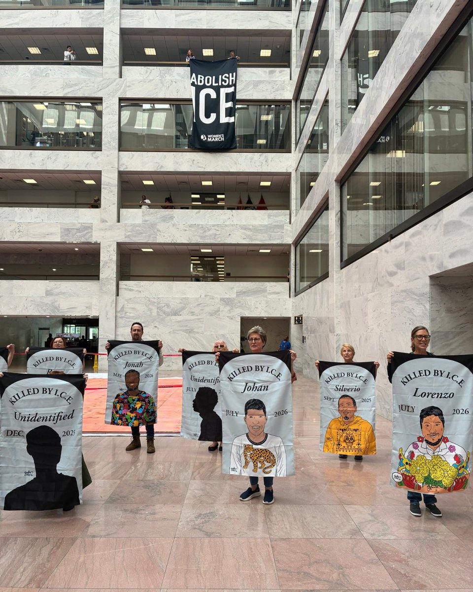 womensmarch's tweet photo. 🚨HAPPENING NOW 🚨 Women's Marchers gathered in the Capitol to stand vigil for the people killed by ICE. Our demand is simple: Abolish ICE. 

llustrations by @channeldraw https://t.co/PS48SBxSPC