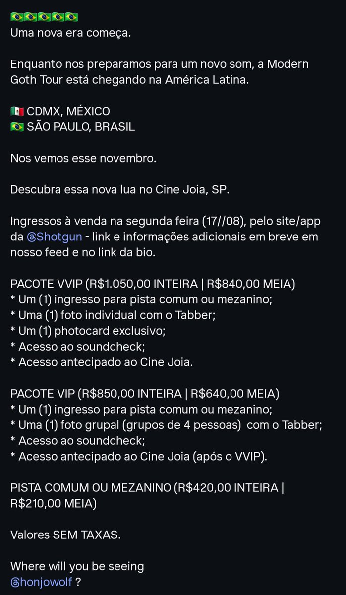 updatetabberbr's tweet photo. NÃO É UM TREINAMENTO! 

Após 3 anos Tabber volta ao Brasil com a Goth Tour em novembro! Ingressos a venda na segunda-feira (17/08) ❤️‍🔥 https://t.co/enl5ROFbpq