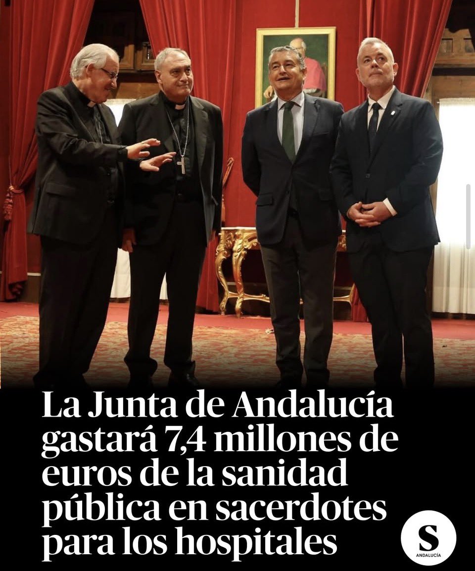 AndaluciaSinVOX's tweet photo. Moreno Bonilla se gasta 7,4 millones de euros de los andaluces en sacerdotes para los hospitales, es lo que pasa por votar a un gobierno andaluz de 1946 , más curas que médicos #Andalucía https://t.co/gw0fzQ3MlP
