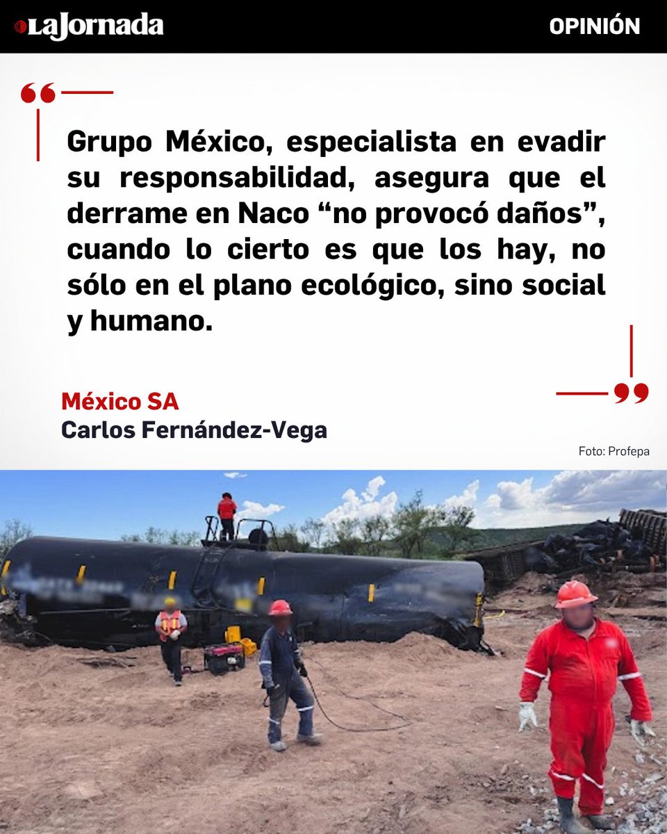 lajornadaonline's tweet photo. #MéxicoSA, columna de @cafevega

Como acostumbra (siempre bajo la condescendiente mirada de la autoridad), Grupo México (obviamente por instrucciones de su dueño, Germán Larrea) finge demencia y se lava las manos por los daños (humanos, sociales y ecológicos) causados por su más reciente –que no el último– derrame tóxico en tierras sonorenses (70 mil litros de hidrosulfuro de sodio vertidos en un arroyo, que afectó una zona de 1.7 kilómetros cuadrados del municipio de Naco; de hecho, un alto mando político de esa entidad sostiene que “hay que cuidar” al corporativo, porque “invierte en el estado”, ergo: hay que mantenerlo impune, según su entender), no sin antes asegurar que “terminaron los trabajos de limpieza” del área afectada. Y se quedó tan tranquilo.

Más información en: https://t.co/QaOdHpsISH