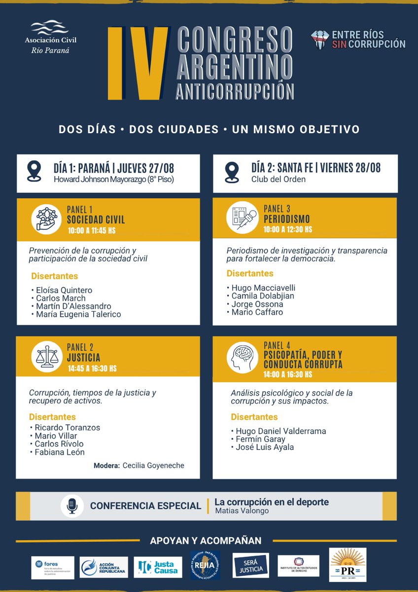 FORESJUSTICIA's tweet photo. Fores acompaña el IV Congreso Argentino Anticorrupción, organizado por @ERSinCorrupcion y @rioparanastafe.
📍27/8 Paraná
📍28/8 Santa Fe
Un espacio para debatir sobre transparencia, justicia, periodismo e integridad junto a destacados especialistas.
#Anticorrupción #Transparencia #Justicia