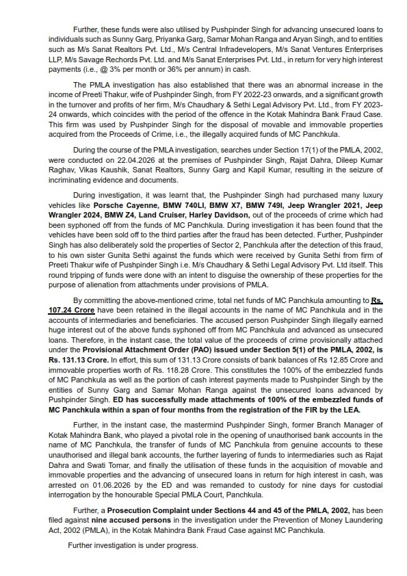 dir_ed's tweet photo. ED, Chandigarh Zonal Unit, has filed a Prosecution Complaint on 30/7/2026 against nine accused persons and issued a Provisional Attachment Order (PAO) under PMLA, 2002 on 29/7/2026 for attaching assets worth Rs. 131.13 Crore consists of bank balances of Rs 12.85 Crore and immovable properties worth of Rs. 118.28 Crore in the Kotak Mahindra Bank Fraud Case. ED has successfully made attachments of 100% of the embezzled funds of MC Panchkula within a span of four months from the registration of the FIR by the LEA.