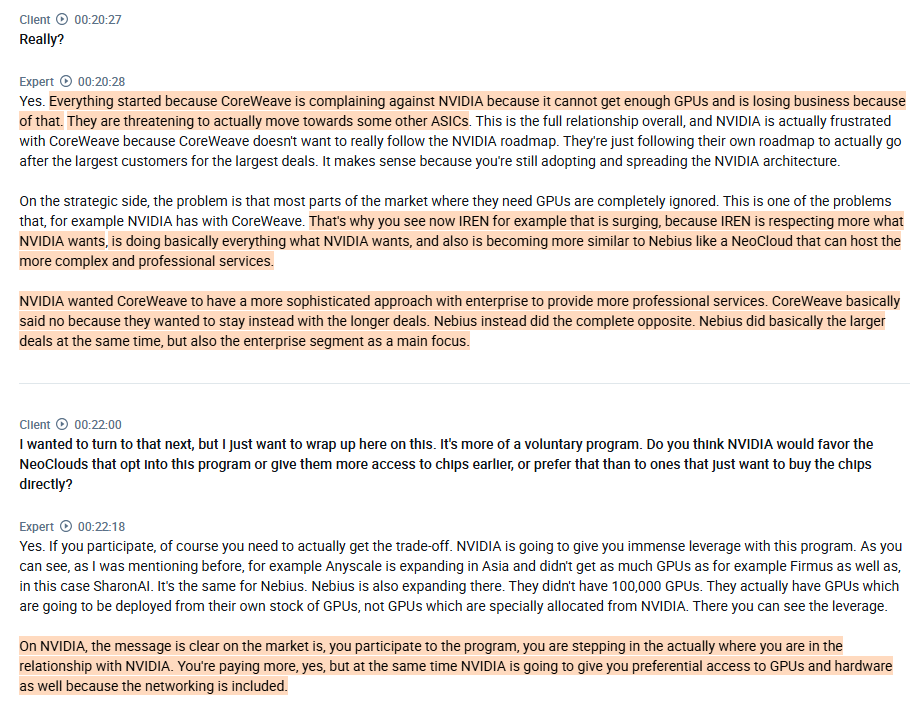 RihardJarc's tweet photo. Very interesting interview with a Former $NBIS employee explaining the relationship between $NVDA and the neoclouds and the views on $NVDA's new revenue-share partnership:

1.  In his view, the recently announced revenue-share model of $NVDA with neoclouds like SharonAI and Firmus was more a result of Firmus, according to him, having financial trouble and SharonAI having problems regarding customers and investors.

2.  He thinks the neoclouds hate this new model by $NVDA, as $NVDA has all the leverage over them; at the same time, they are paying a higher price for GPUs because they don't get the high discounts on buying in bulk.

3.  He thinks that $NBIS and $CRWV would do these types of deals if they needed capital. He thinks $CRWV is in a worse position, as they have a significant financial gap given their big deals.

4.  He mentions the relationship between $CRWV and $NVDA getting worse as $CRWV was upset that $NVDA didn't deliver the GPUs that $CRWV needed. According to him, they even threatened to go with another ASIC provider. At the same time, $NVDA is, according to him, upset with $CRWV as they are not respecting the roadmap that $NVDA wants. $CRWV wants to go after big clients for large deals, while $NVDA wants $CRWV to adopt a more sophisticated enterprise approach to provide more professional services.

5.  According to him, $META has around 400k GPUS (H100, H200, and even some Blackwells) they want to sell as compute on the market, and that is going to put extreme pressure on the neoclouds, especially the lower-end ones that are deploying the older GPUs.

found on @AlphaSenseInc