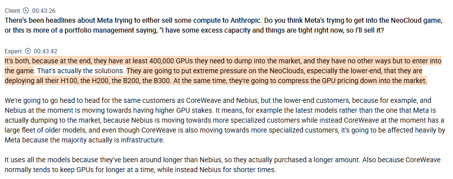 RihardJarc's tweet photo. Very interesting interview with a Former $NBIS employee explaining the relationship between $NVDA and the neoclouds and the views on $NVDA's new revenue-share partnership:

1.  In his view, the recently announced revenue-share model of $NVDA with neoclouds like SharonAI and Firmus was more a result of Firmus, according to him, having financial trouble and SharonAI having problems regarding customers and investors.

2.  He thinks the neoclouds hate this new model by $NVDA, as $NVDA has all the leverage over them; at the same time, they are paying a higher price for GPUs because they don't get the high discounts on buying in bulk.

3.  He thinks that $NBIS and $CRWV would do these types of deals if they needed capital. He thinks $CRWV is in a worse position, as they have a significant financial gap given their big deals.

4.  He mentions the relationship between $CRWV and $NVDA getting worse as $CRWV was upset that $NVDA didn't deliver the GPUs that $CRWV needed. According to him, they even threatened to go with another ASIC provider. At the same time, $NVDA is, according to him, upset with $CRWV as they are not respecting the roadmap that $NVDA wants. $CRWV wants to go after big clients for large deals, while $NVDA wants $CRWV to adopt a more sophisticated enterprise approach to provide more professional services.

5.  According to him, $META has around 400k GPUS (H100, H200, and even some Blackwells) they want to sell as compute on the market, and that is going to put extreme pressure on the neoclouds, especially the lower-end ones that are deploying the older GPUs.

found on @AlphaSenseInc