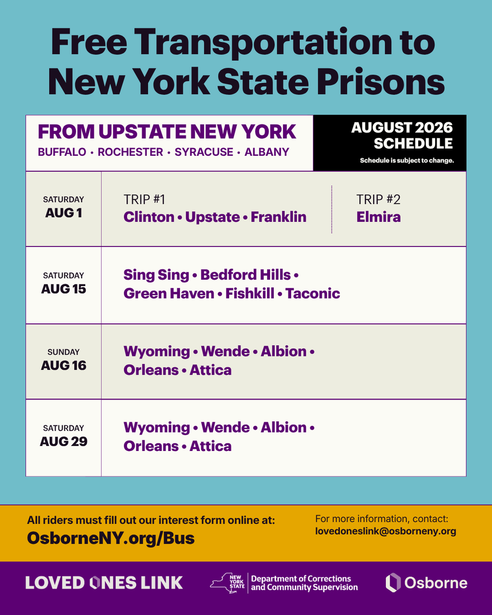 OsborneNY's tweet photo. A new month, a new calendar of opportunities to visit your loved ones in NY state prisons for free. You sign the interest form, we bring the bus. See you in August.

Sign up at the 🔗 in thread.

**NOTE: eligibility for visits to facilities are based on the facilities visiting guidelines for that day. Review the graphic for eligibility information.