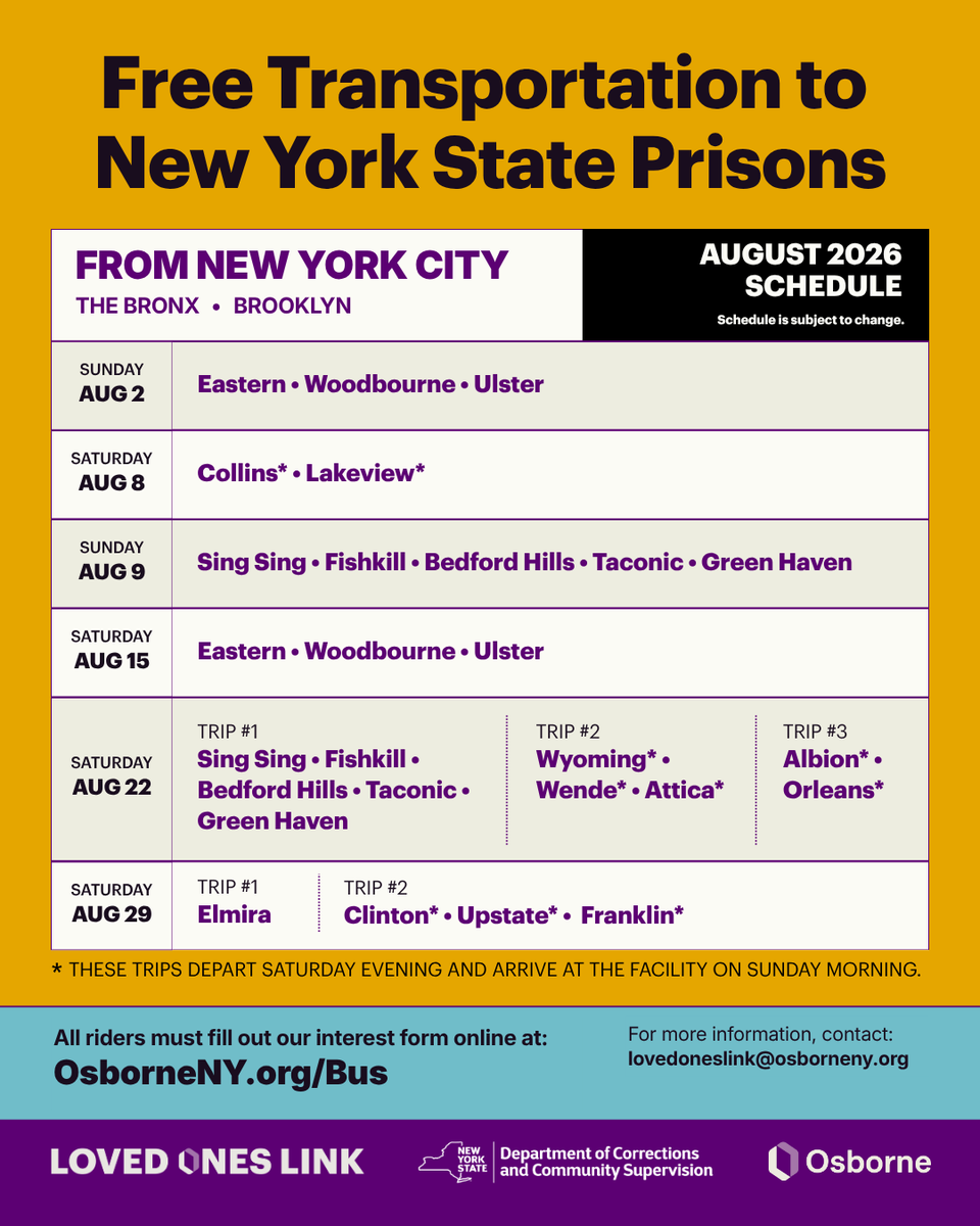 OsborneNY's tweet photo. A new month, a new calendar of opportunities to visit your loved ones in NY state prisons for free. You sign the interest form, we bring the bus. See you in August.

Sign up at the 🔗 in thread.

**NOTE: eligibility for visits to facilities are based on the facilities visiting guidelines for that day. Review the graphic for eligibility information.