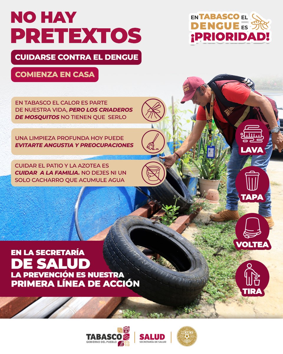 SSalud_Tab's tweet photo. 🦟La prevención del dengue empieza en casa. Evita que se acumule agua en objetos o recipientes donde pueda reproducirse el mosquito.

🪣 Lava, tapa, voltea y tira todo aquello que pueda convertirse en criadero.

En Tabasco, prevenir el dengue es prioridad.

#GobiernoDelPueblo https://t.co/SuPsJun05g