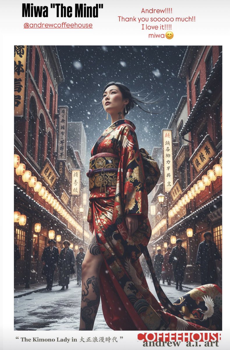 AndrewCoffee007's tweet photo. Reading somebody's mind is the most powerful weapon of the world.  用愛將心去偷。

Art Creator : Andrew@CoffeeHouse
Miwa "The Mind" : Miwa Matuura 松浦美和

CoffeeHouse AI Cinematic Universe 
咖啡屋異想世界系列

#art #ai #romance #kimono #Japan https://t.co/rKAx43FlVi