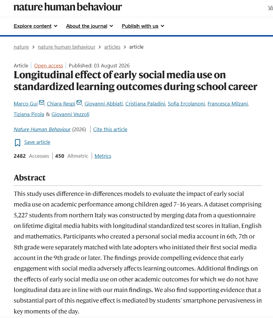 AdamMGrant's tweet photo. Using social media in middle school predicts lower standardized test scores in high school.

10th graders who started social media before 9th grade are ~6 months behind their peers on math & reading. They're more distracted by their phones.

No child should have access to social media.