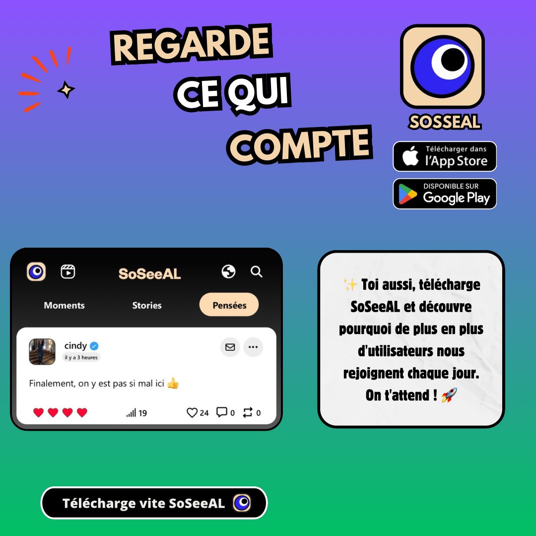 app_soseeal's tweet photo. ✨ Toi aussi, télécharge SoSeeAL et découvre pourquoi de plus en plus d’utilisateurs nous rejoignent chaque jour. Partage tes photos, tes vidéos, tes pensées et tes meilleurs moments avec une communauté qui grandit de jour en jour. On t’attend ! 🚀 #SoSeeAL #Communauté #Partage https://t.co/dB5lV1T3Ea