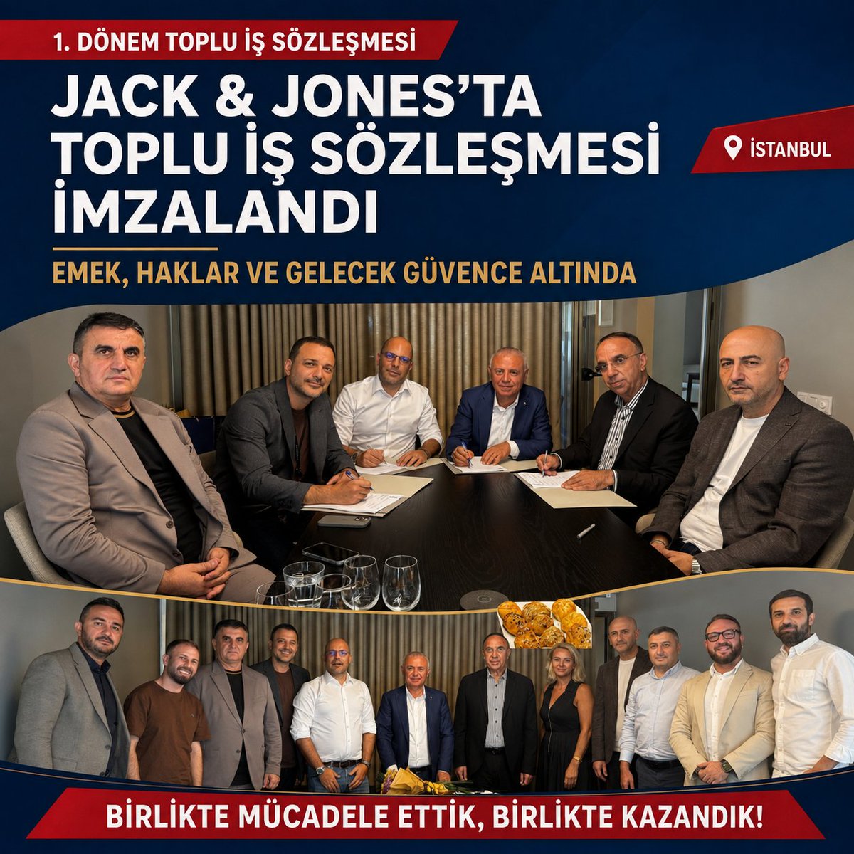 HulyaDemirdas26's tweet photo. JACK & JONES’TA (BESTSELLER) 1. DÖNEM TOPLU İŞ SÖZLEŞMESİ İMZALANDI

Sendikamız ile Danimarka menşeli JACK & JONES’un bağlı bulunduğu BESTSELLER Birleşik Tekstil Şirketi arasındaki 1. Dönem Toplu İş Sözleşmesi, Genel Başkanımızın katılımıyla İstanbul’da düzenlenen törenle imzalandı.

İmzalanan sözleşmeyle JACK & JONES (BESTSELLER) çalışanı üyelerimizin emeği, hakları ve geleceği güvence altına alındı. Sözleşme, örgütlü mücadelemizin ve sendikal dayanışmamızın önemli bir kazanımı oldu.

1.Dönem Toplu İş Sözleşmesi’nin başta üyelerimiz olmak üzere Sendikamıza ve tüm taraflara hayırlı olmasını diliyoruz.

BİRLİKTE MÜCADELE ETTİK, BİRLİKTE KAZANDIK✊️

@alemdareyup 
@metinguney10 
@KOOPISSENDIKASI 
@turkiskonf