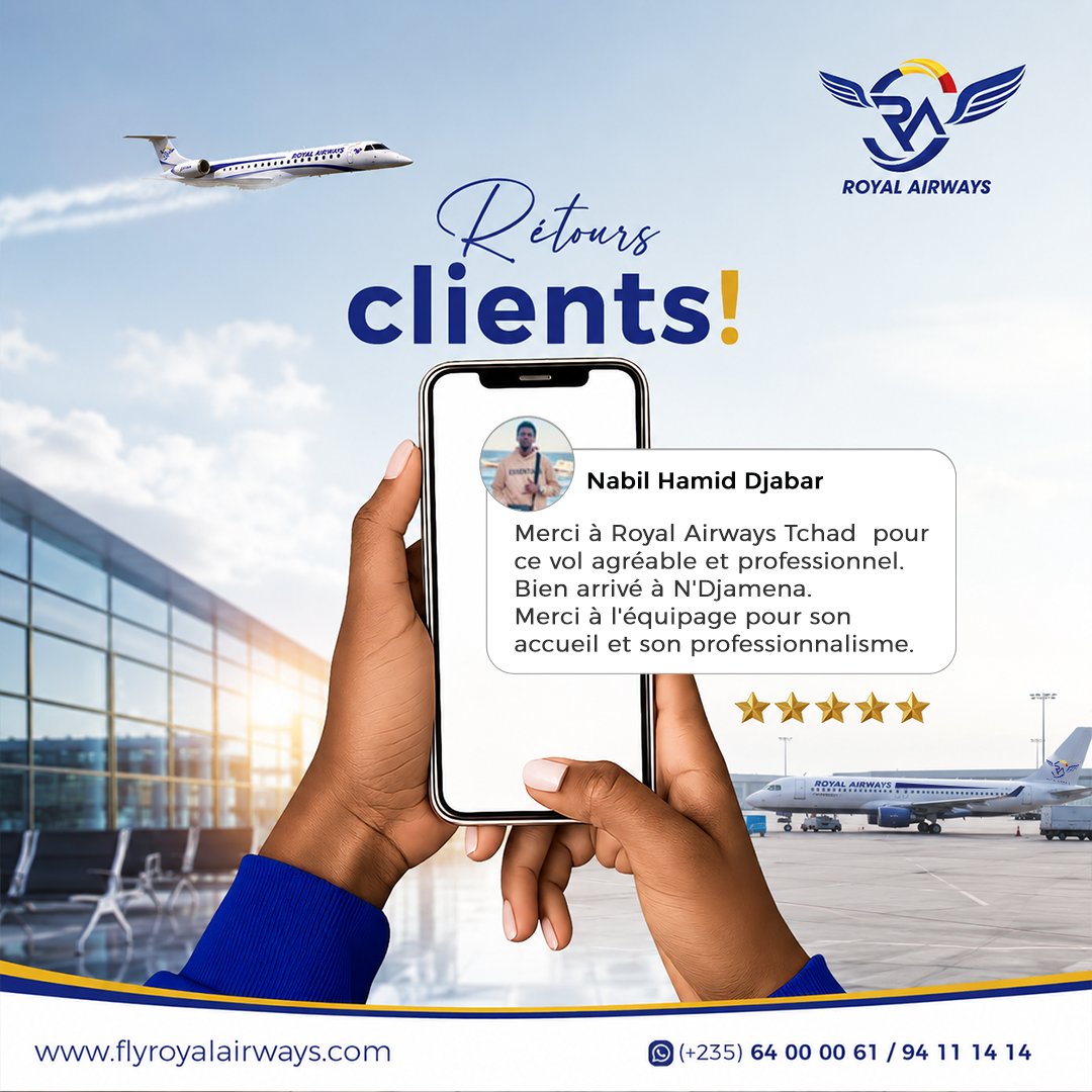 Royalairwaystd's tweet photo. ✈️💙 Votre satisfaction est notre plus belle récompense.

Merci à Nabil Hamid Djabar pour ce retour sur l'accueil et le professionnalisme de nos équipes.

Chaque témoignage nous motive à vous offrir une expérience de voyage toujours plus agréable et rassurante.

Merci pour votre confiance.

#RoyalAirways #RetoursClients #ExpériencePassager #VoyagezTchadien