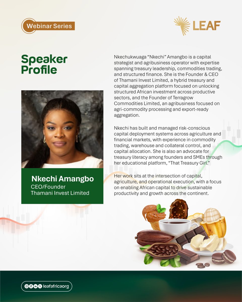 leafafricaorg's tweet photo. Africa produces most of the world's cocoa, yet captures only a fraction of its value. Join experts from investment, cocoa processing, agribusiness, and trade as they examine how the continent can move beyond exporting raw beans to building globally competitive value chains.