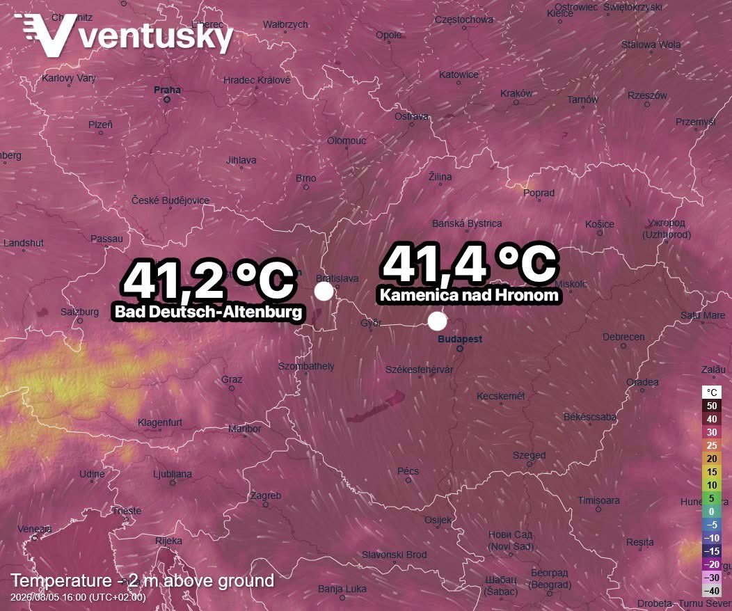 peakaustria's tweet photo. Two European countries have reported new all-time temperature records today. 🥵🥵 In Austria, a temperature of 41.2°C was measured east of Vienna. In Slovakia, the new national record stands at 41.4°C. Temperatures above 40°C are exceptionally rare and represent truly extreme heat in both countries. 🧐 via Ventusky